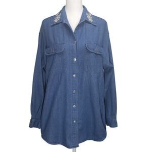 Vtg 90s Red Hot Beaded Denim Shirt M Eclectic Grandpa Coastal Grandma Whimsigoth